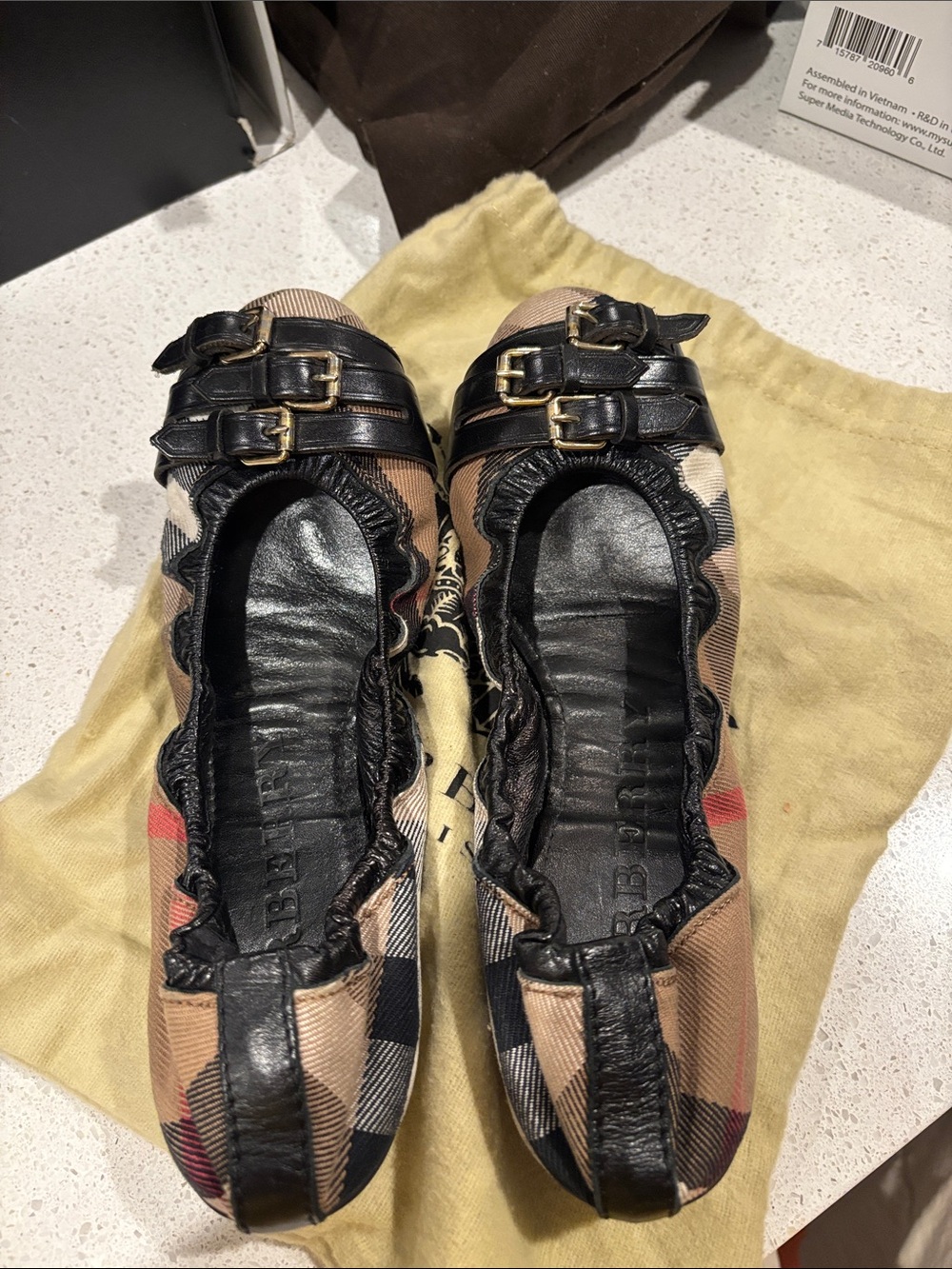 Burberry Black & Tan Nova Check Buckle Ballet Flats